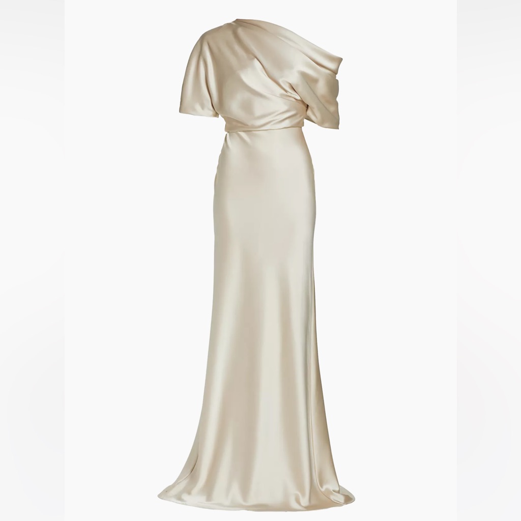 Amsale Pryce Off-Shoulder Satin Column Gown Champagne Color